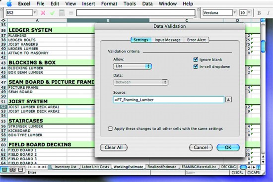 Figure 9. Making a pull-down menu is easy. Click on the cell where you want the menu to appear. Click Data > Validation (top), which brings up a dialog box (above). Under “Allow,” click List. Under “Source,” type the exact category name from the inventory sheet, preceded by =. Click OK. 