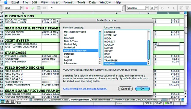 Figure 10. To make a price appear in cell E52 when an item is selected in cell B52, use the VLOOKUP function. First, click cell E52. Select Insert > Function to bring up a dialog box. Select the category Lookup and Reference and click VLOOKUP. Click OK.