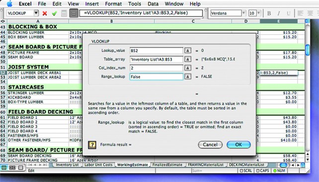 Figure 11. Once you’ve selected VLOOKUP, a “Function Arguments” dialog box will pop up. You’ll need to fill in four fields. First, click in the top box, “Lookup_value,” and click on cell B52. Second, click next to “Table_array,” go to the Inventory sheet, and select cells A3 to B53. Third, type 2 for “Col_index_num.” Fourth, type False for “Range_lookup.” Click OK. 