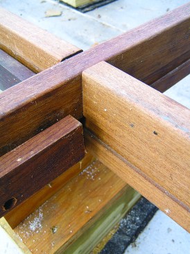 Figure 3. The grid is made from half-lapped 5/4 ipe. Ledgers screwed to the grid are spaced from the members to keep the end grain of the ipe panels they support from sitting in trapped water. 