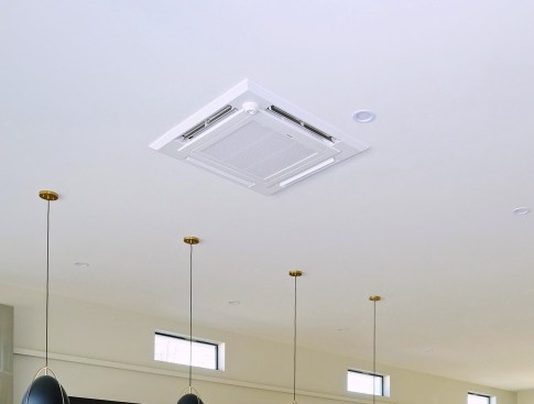 This ceiling cassette can be used for large spaces. It moves air in four directions and includes an infrared sensor that can detect heat signatures in the room and direct air flow away from or toward people, depending on their comfort preferences.