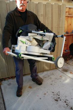 The base and saw together weigh just 69 pounds and are easy to grip when folded, so they can be carried around obstacles or between floors.