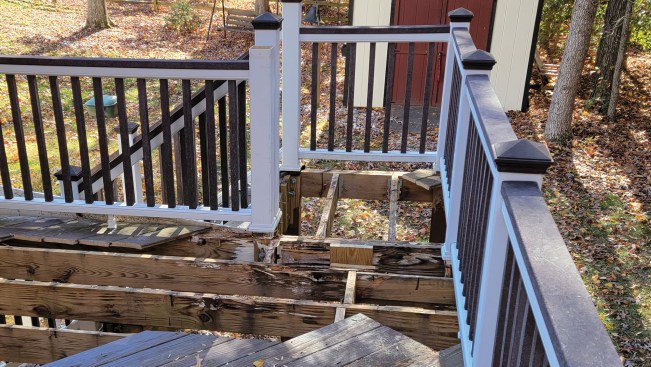 Deck above shown after 10 years in service. The bulk of decay damage is where the top edges of joists are in contact with the decking. Such water-trapping joints accumulate water by gravity and capillary action and are slow to dry after a rainstorm since the top edge of the joist is not exposed to natural ventilation. At right is a different deck. Joists in-service also about 10 years were preservative treated to the “Above Ground” AWPA U1 Use Category.