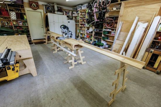 The Paulk Miter Stand was designed by Ron Paulk, a home builder and finish carpenter in Anacortes, Wash. Made of ½-inch and ¾-inch AC plywood, it features a roomy 18-inch by 78-inch top with a place for the saw to mount in the middle. Each side is a box with multiple openings for convenient tool storage, and you can attach an ingenious homemade flip stop to the fence.