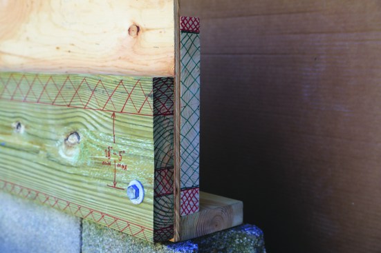 Applying the code figures when fastening a ledger can be confusing. The fastener locations through the ledger and through the rim joist differ, so you have to match the zones to ensure that the wood doesn’t split and that you provide enough support for the deck.