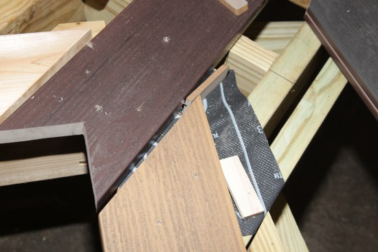 Gapping miters at intersecting deck boards will allow water to quickly drain away from vulnerable end cuts.