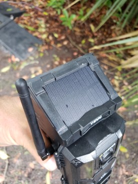 The V200 has a solar panel and eight AA batteries to keep it permanently powered up.