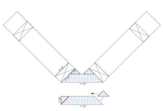 To frame a clipped 45-degree outside corner while preserving a standard 90-degree inside corner where 2x4 stud walls meet at right angles, the author rips both sides of a 2x8 at a 45 degree angle to the dimensions shown in the drawing. Then the triangular-shaped rippings are nailed to the 2x8 to make the corner stud assembly, which he uses to replace the studs where the walls meet.