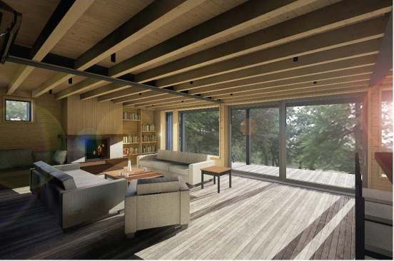Architect Eric Sokol's design rendering of the downstairs room shows the intended finish treatment: exposed steel girders and wood beams define the ceiling for a large open gathering space with a bar and fireplace, and expansive views of the woods and pond.