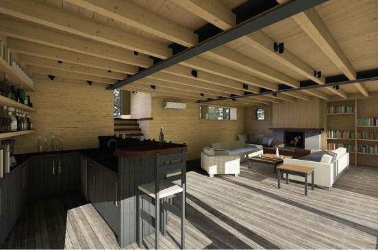 Architect Eric Sokol's design rendering of the downstairs room shows the intended finish treatment: exposed steel girders and wood beams define the ceiling for a large open gathering space with a bar and fireplace, and expansive views of the woods and pond.