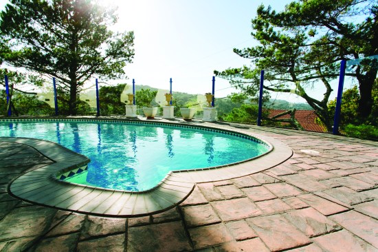 Although the new concrete slab is important structurally, it has a decorative colored and stamped finish, flush with the original coping around the gunite pool.