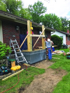 The porch framing was sheathed with PT plywood, wrapped with both SAF membrane and felt paper, and then covered with diamond lath prior to installation of the stone veneer cladding.