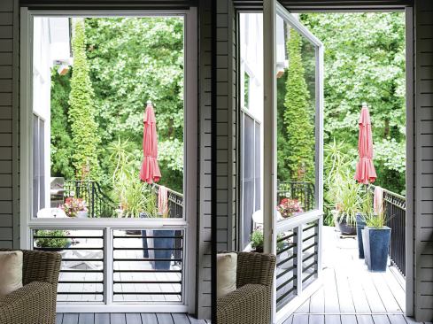 The porch door, shown closed in the photo at left, pivots open (right) to provide access to the deck. 