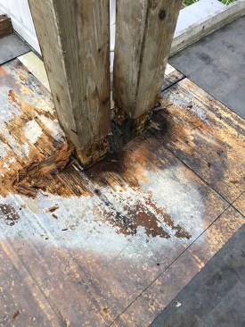 Water damage to the sheathing was evident after the waterproofing membrane was removed.