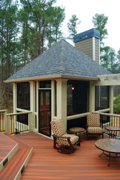 Hip roof framing, as for this detached porch, is more complicated than shed or gable roof framing.