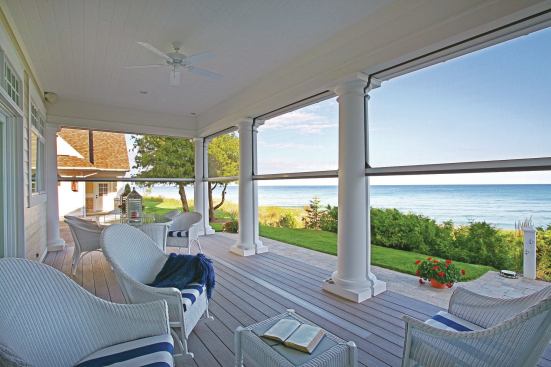 Motorized retractable screens are available with different screen fabric options for insect protection, shade, or privacy. The frames can be surface-mounted or recessed.