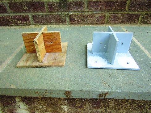 A local supplier fabricated the custom steel column brackets based on a plywood prototype supplied by the author.