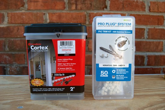 While plugged fastener systems add to the cost of PVC trim installation, they provide a sure grip and are the best option for concealing the fasteners when the trim will remain unpainted. Some kits are color-matched to specific brands of PVC, with plugs that have both smooth and textured faces.