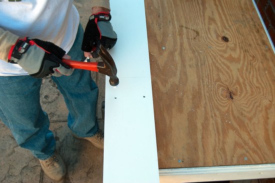 Once the joint is assembled, the fastener holes can be filled with plugs. Some pre-cut plugs are available that are color-matched to specific brands of PVC trim. Alternatively, custom plugs can be cut from scrap trim.
