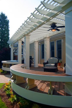Most PVC trim is flexible enough to bend easily without special tools, such as on these curved benches. When tighter curves are needed, the trim can be heatformed with the help of heat blankets.