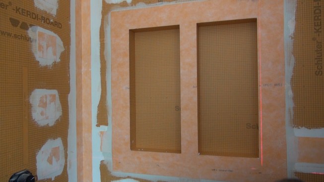 The completed pair of recess boxes. As soon as the mortar cures, this assembly will be waterproof, ready to serve as a sound backing for ceramic tile.