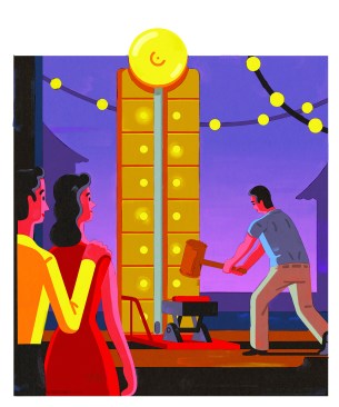 Illustration showing a person ringing a gong at a carnival