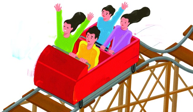 Four people on a roller coaster