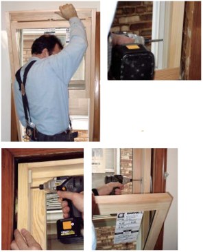 With screws, the author secures the new window in the opening. The center “jack” screw adjusts the reveal for the best appearance and smooth operation. Plugs hide the screws on the interior and exterior; a piece of weather stripping hides the jack screw.