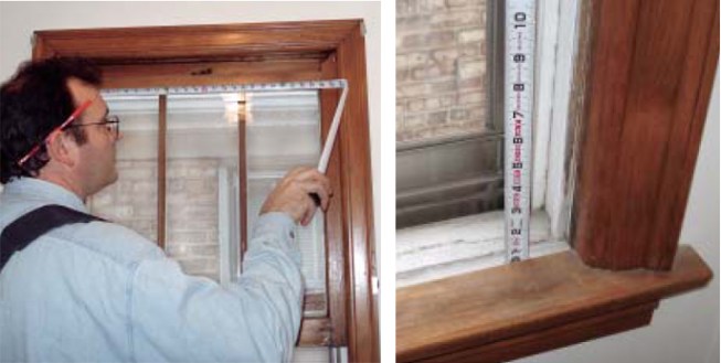 It’s important to measure both the width and the height of the sash opening in at least three places, then use the smallest measurement for ordering. The ideal way to measure for height is to open both sash and slide a tape measure between them, but if the top sash is painted shut, the author measures from the head jamb to the bottom of the stool.