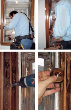 Weight pockets are located on the side jambs, behind rabbeted doors typically secured with flat-head wood screws. Once the doors are removed, the weights and pulleys can be taken out and discarded.