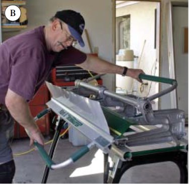 With a small portable brake, he fashions a two-piece sill pan from a plastic backed
copper flashing material.