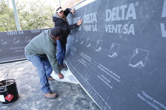 Delta-Vent SA peel-and-stick membrane air-seals walls as well as protecting them from moisture. It should be used with a rainscreen.