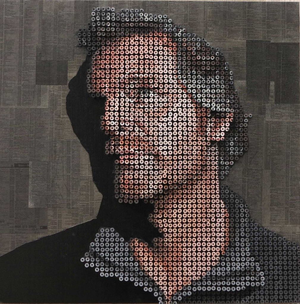 Sculptor Andrew Myers paints on a tight pattern of screws driven to different depths to create unique three-dimensional representations.