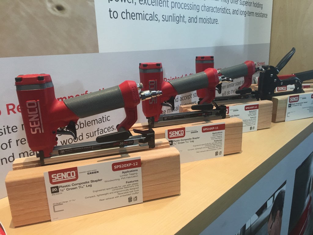 Here's a look at the SPS20XP-12, SPS16XP-11, and the SPS16XP-12 display at STAFDA 2016 in Atlanta. These nailers might look like your typical pneumatic nailer, but they only shoot composite fastners thanks to a shorter drive pin than is found in conventional nailers.