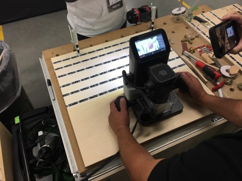 A hand-held CNC machine from Shaper - another Festool partner (the spindal is a Festool-made part). The unit sells for $1899, which sounds like a lot until you see what you can do with it - which is more than can be described here. Look for a larger article and review on this unitl coming soon. For now: the Shaper allows you to cut any image or shape into wood that you can put on a flashdrive. The features on this are incredible - not the least of which is the fact that you can't screw up the pattern because it'll pull the bit up immediately once you "color outside the lines". 
