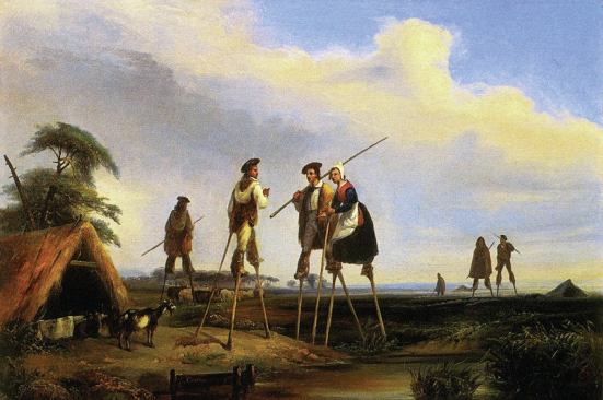 Nineteenth-century French shepherds are depicted here on their stillts. To sit and rest,they would brace themselves with a long staff topped by a board seat, creating a stable tripod.