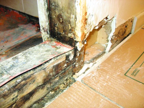Shower curbs are typically framed with wood, which shrinks and expands with changes in humidity, putting stress on grout lines and often causing them to crack.  Photo: Doug Horgan