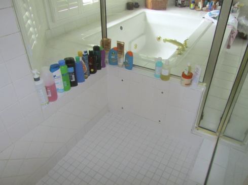 One end of the tub is inside the shower enclosure. No damage is apparent, but check out the next two slides.