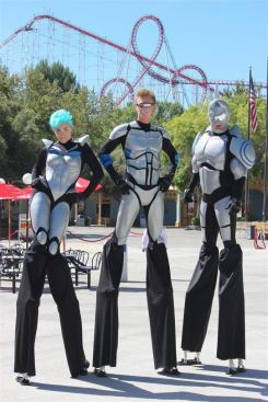 These characters at the Six Flags theme park in Valencia, Calif., may or may not know anything about hanging drywall, but they look pretty comfortable on their stilts.