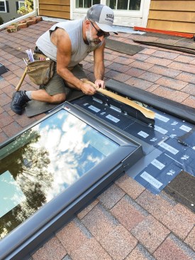 Next, I applied another layer of Vycor to seal the metal head flashing to the roof deck, again making sure that the Vycor was overlapped by the roofing underlayment above.