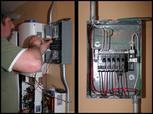 Ritz connects circuit breakers in the load center panel (left photo). Circuits in the load center (right photo) serve backed-up loads when utility service from the street is interrupted. An automatic switch in the SolarEdge inverter disconnects the house from utility power and connects the load center to the battery in that situation.