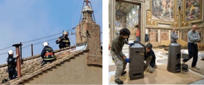The Vatican fire brigade installs the guy-wired vent stack on the centuriesold tile roof (left). The cylindrical metal stove in the photo at right was first used to signal the 1939 election of Pope Pius XII; the boxier high-tech appliance to its left was added in 2005.