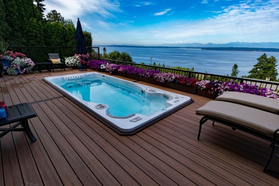 Because of the design of the earth planter, the 48-inch-high security railing required by code around the spa is dropped 24 inches to take advantage of the great view of the Puget Sound waters.