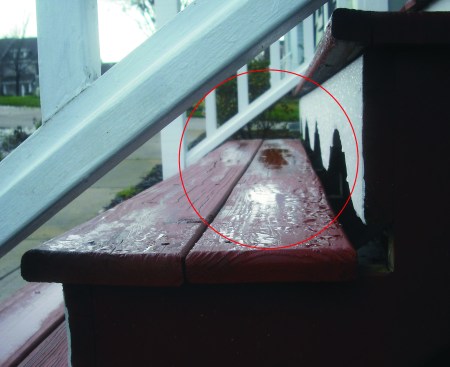 Bottom guard rails on stairs should be oriented close enough to the tread nosings so that a 6-inch-diameter sphere will not pass through the triangle created by the riser, tread, and rail.