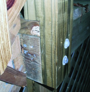 Guard posts that have been notched around the framing may develop cracks originating in the corner of the notch and running parallel to the grain. Notching weakens a post, and should be avoided.