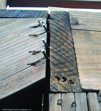 Toenailed stringers are less susceptible to withdrawal, but the connection can still fail as the framing ages and is structurally compromised.