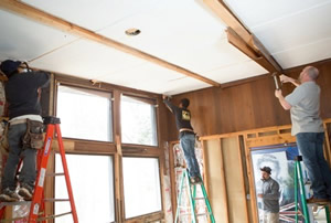 2 – Prep the CeilingThe existing drywall or plaster can be removed or left in place. On this job, removing the ceiling allowed the finished beams to sit higher off of the floor. Removing the ceiling also simplifies the rough wiring, as it need not be fished through the drywall.