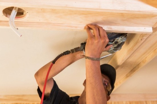 5 – Hang the DrywallInstall additional blocking if necessary to support all edges of the drywall, then measure and cut the drywall to fit each recessed coffer. Use 1/2 in. drywall for 16-inch on-center framing and 5/8 in. drywall for 24 in. framing. (Some codes may also require 5/8 between occupied floors.) Use standard Type W drywall screws that are long enough to penetrate the framing by at least 5/8 inch. (If you left the existing drywall in place you will, of course, need longer screws.) Drive screws every 8 inches along the edges and every 12 inches in the field.