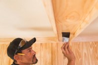 7 – Stain and TrimUse a wood filler to fill in all visible nail holes. If staining, make sure to use a stainable filler. Scrape away excess with a putty knife, sand the beams, and then paint or stain. Mud and paint the drywall and install light fixtures.