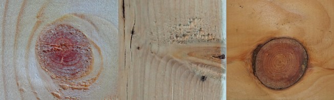 Grading rules limit the number of knots in structural lumber because the distortion of grain around the knot reduces a board’s strength. All these knots are in #2 SPF: A tight, intergrown knots (left); a spike knot (center); and an encased knot (right). The encased know will resist (or transmit) little or no stress, but there is usually less distortion of grain around one, and therefore it is graded as equivalent to a tight knot of equivalent size.